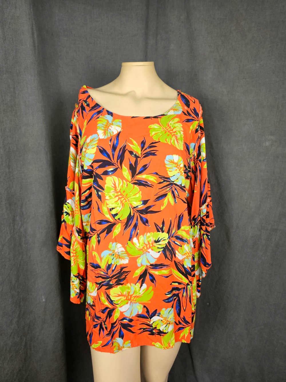Tropical Floral Palm Print Tunic Top Bell Sleeve Orange Hawaiian Boho Plus Sz 2X